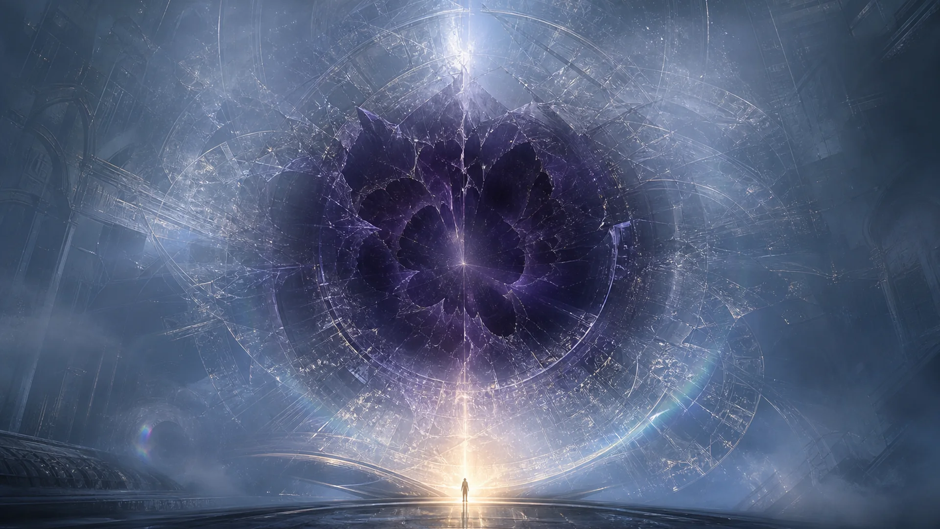 Atmospheric ORBIS proof-world poster showing a human witness near a threshold, a dark rupture in the world, and a cold hidden system lattice beyond it.